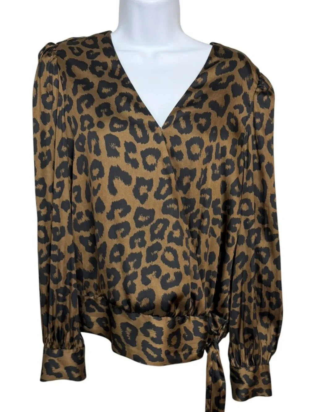 Banana Republic Leopard Satin Blouson Wrap Blouse Tie Waist M